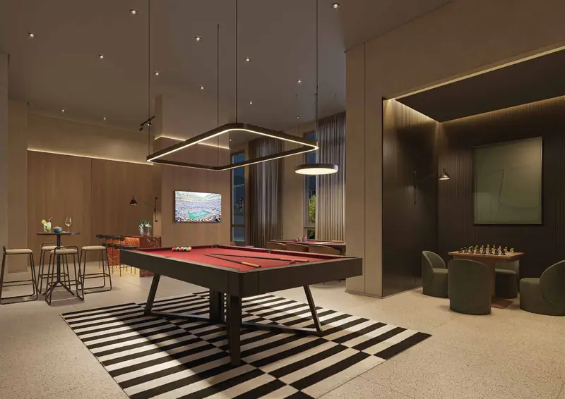 Sala de jogos com mesa de bilhar