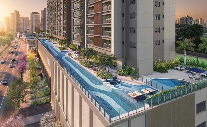 Piscina de 100 metros no 3º pavimento, com decks e solarium